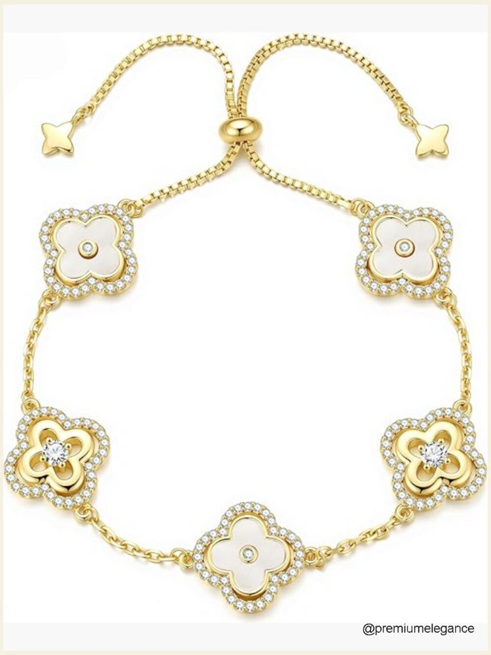 14K Gold Plated Four Leaf Clover CZ Link Bracelet Dainty